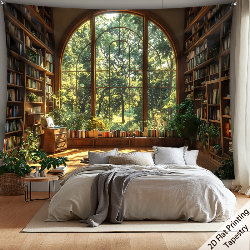 Home Office Library - VIKAMA Forest Library Tapestry with Cozy